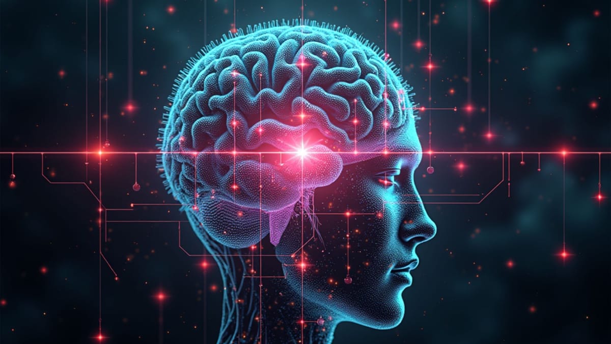 Neural interface visualization of emerging AI psychology field with prismatic connections between human intuition and machine cognition