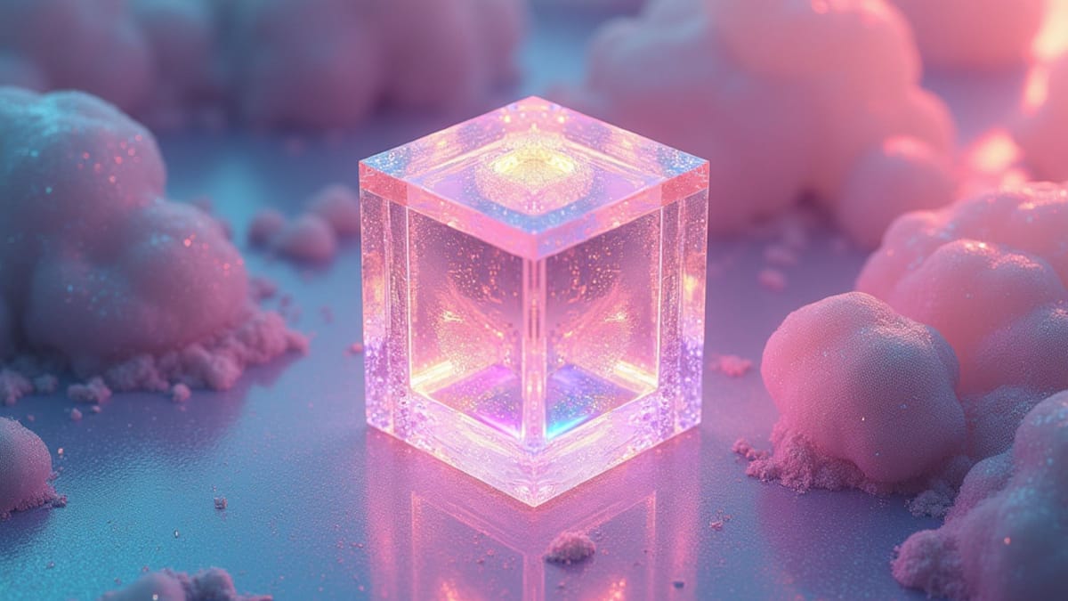 Iridescent crystalline structure suspended in spectral gradient showing Apple's AI adaptation challenges amid technological evolution and competitive pressure