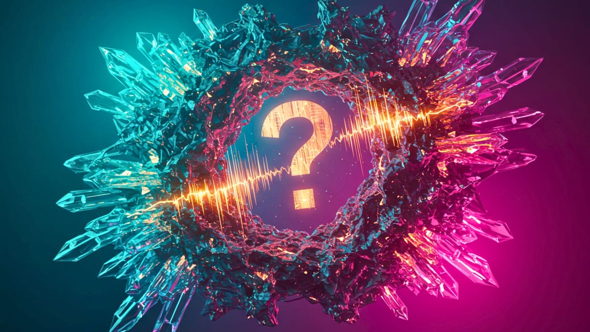 Crystalline teal and magenta fractal formation surrounding glowing amber question mark symbolizing AI revolution's unprecedented business disruption implications