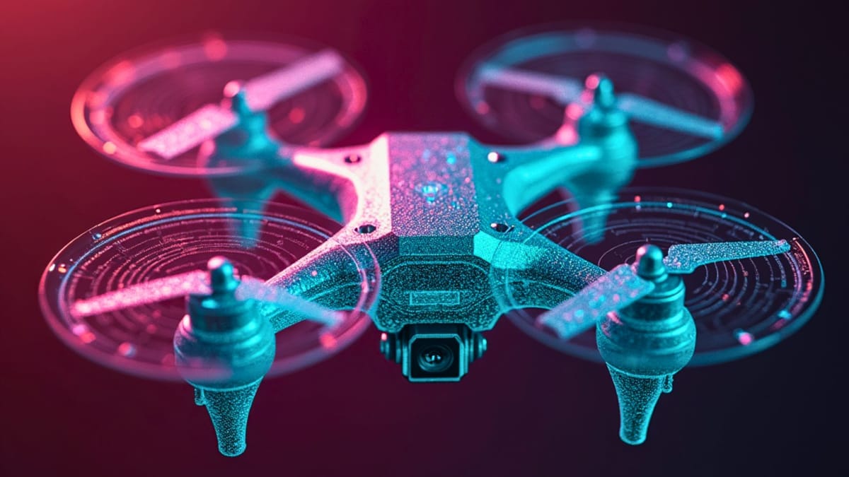 Holographic drone projecting facial recognition matrices with prismatic light diffraction; autonomous targeting systems visualization in neo-futurist aesthetic