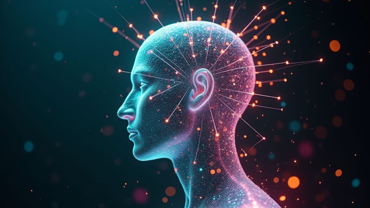 Crystalline neural network conforming to human silhouette with iridescent connections—intimate AI concept visualizing personalized protection in digital space