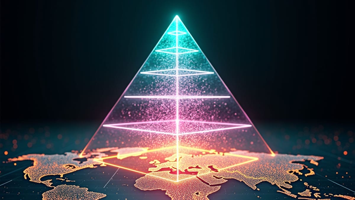 Iridescent AI specialization pyramid with fractal connections reflecting Mistral's three-tier model for technological sovereignty and domain expertise #AIStrategy