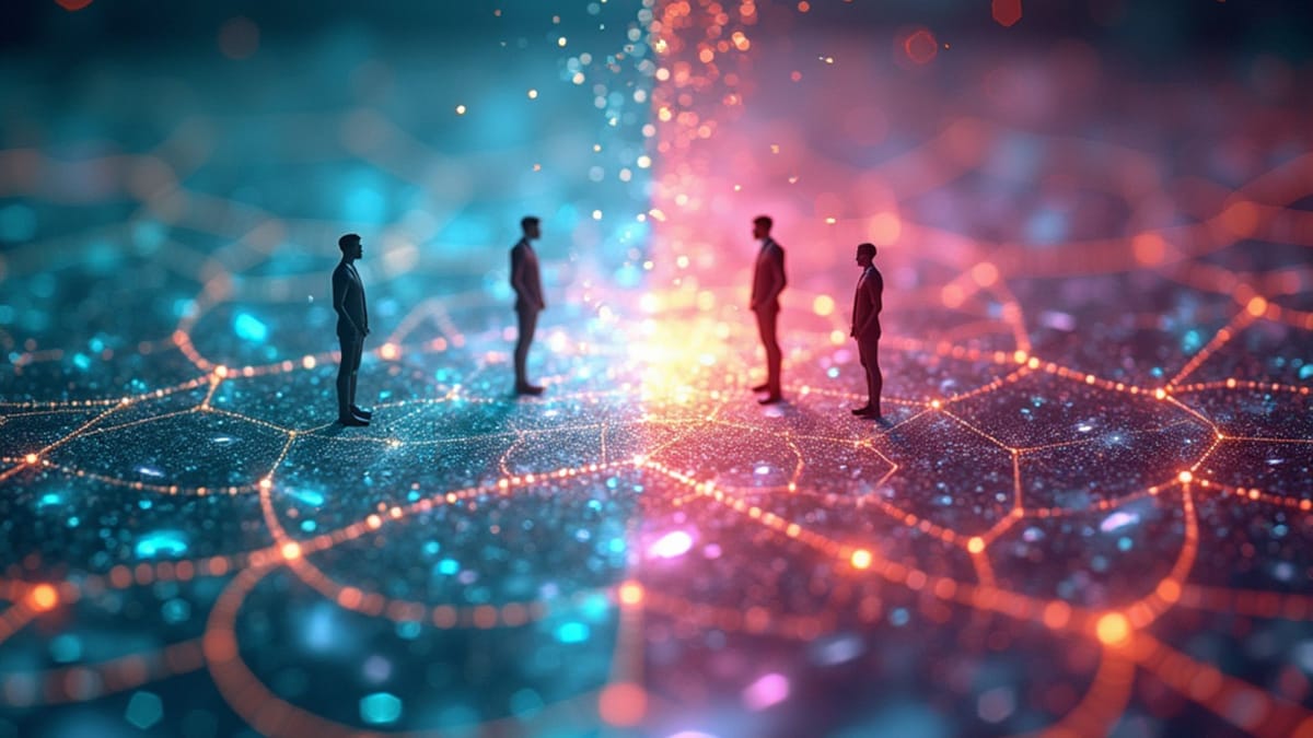 Iridescent visualization of AI agents transforming internet landscape; human-machine boundary blurs as cybersecurity concerns rise
