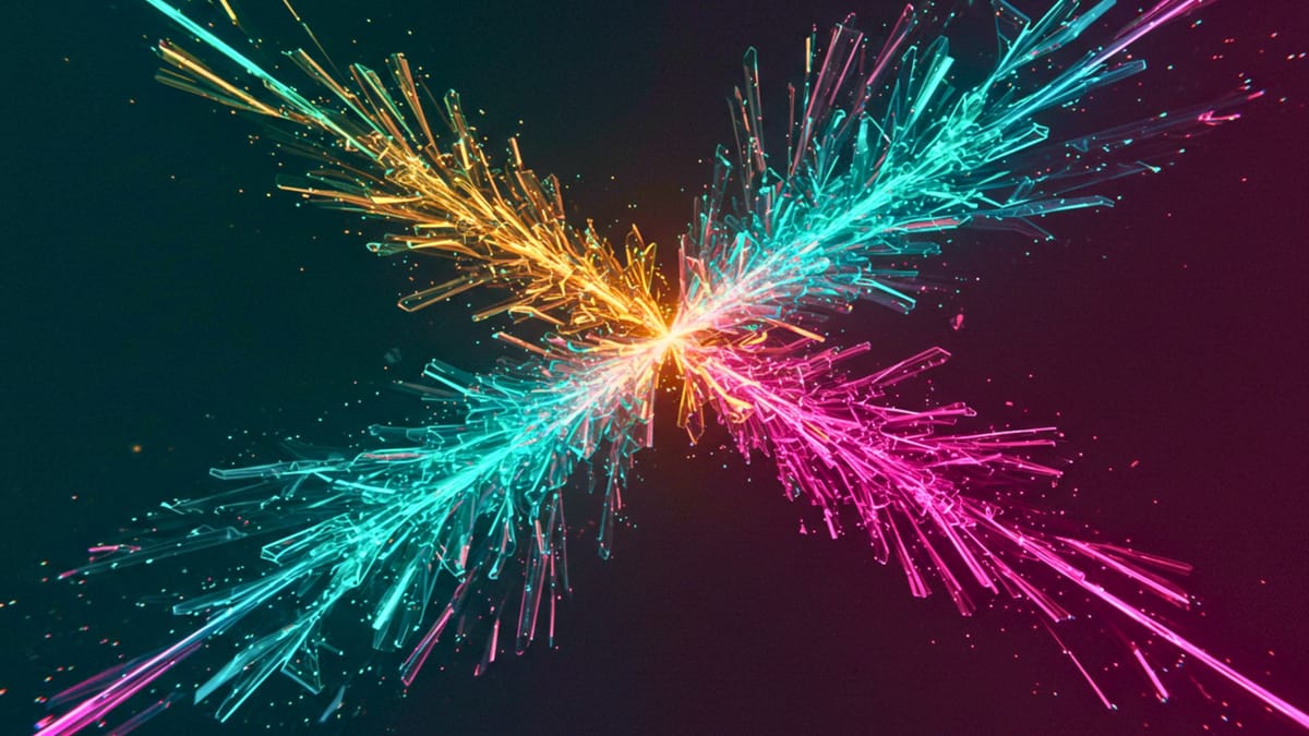 Explosive fractal visualization of teal, magenta, and amber light patterns symbolizing AI-driven business scaling revolution enabling small teams to generate $100M revenue