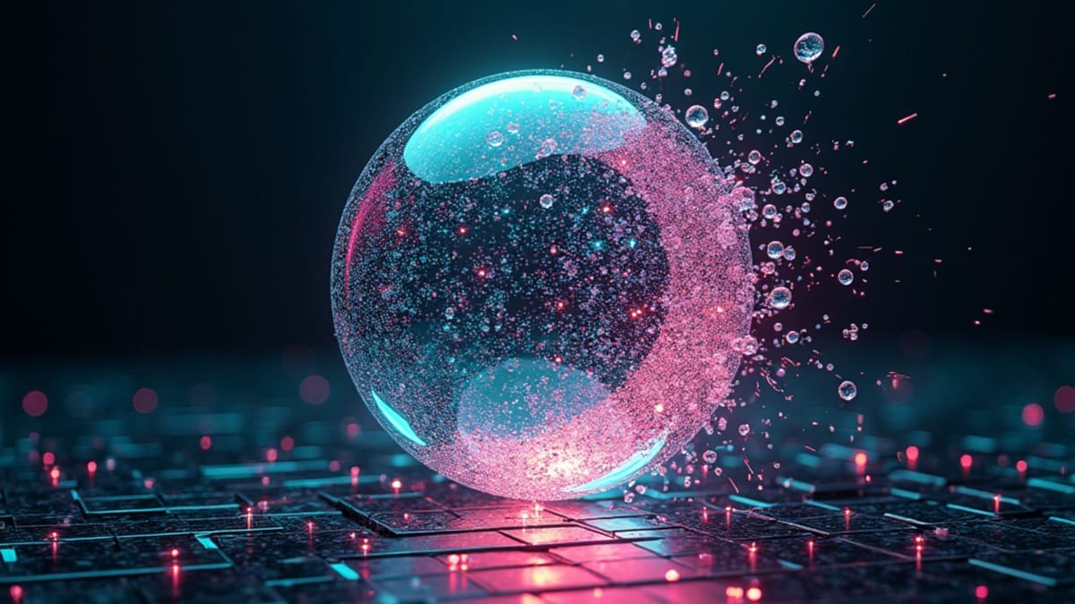 Holographic data sphere fragmenting into prismatic neural pathways | AI resource scarcity | Technological innovation emergence | Data limits