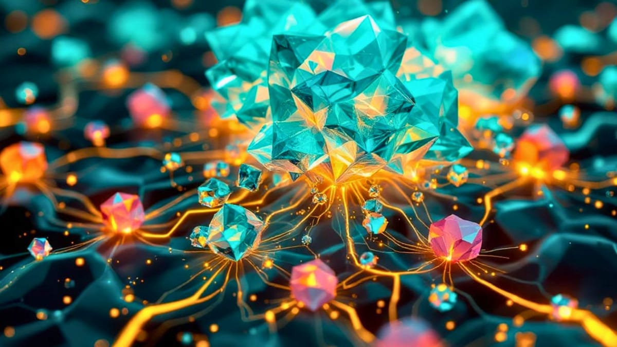 Crystalline teal geometric structures connected by amber neural pathways visualizing AI network supremacy over depreciating human capital assets