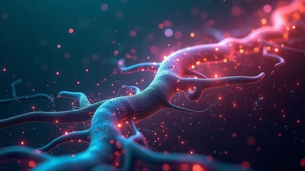 Fractal neural pathways with prismatic light showing human-AI attachment research; emotional dependency risks in holographic data visualization