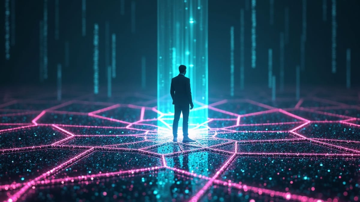 Prismatic neural bridge connecting human and AI cybernetic teammate with holographic information flow representing workplace transformation