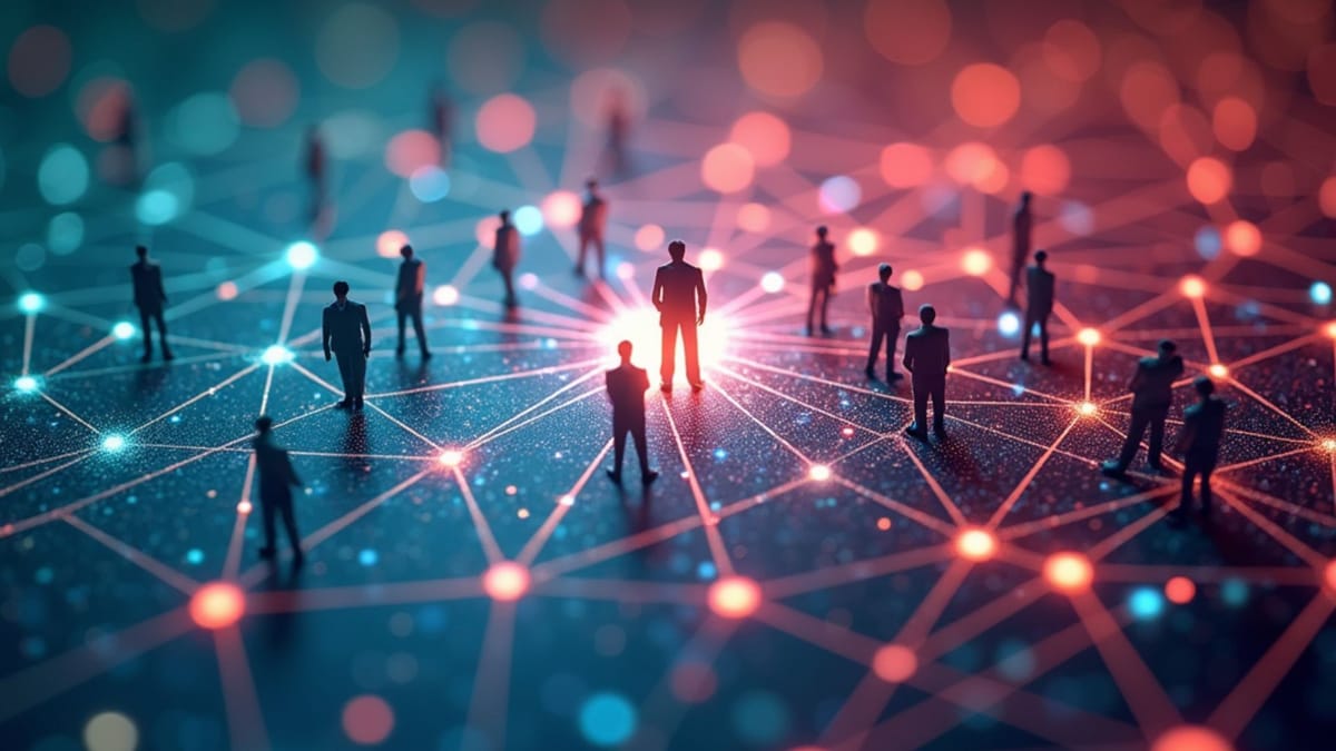 Prismatic neural network visualization of AI as cybernetic teammate breaking workplace silos with holographic data streams and collaborative interfaces