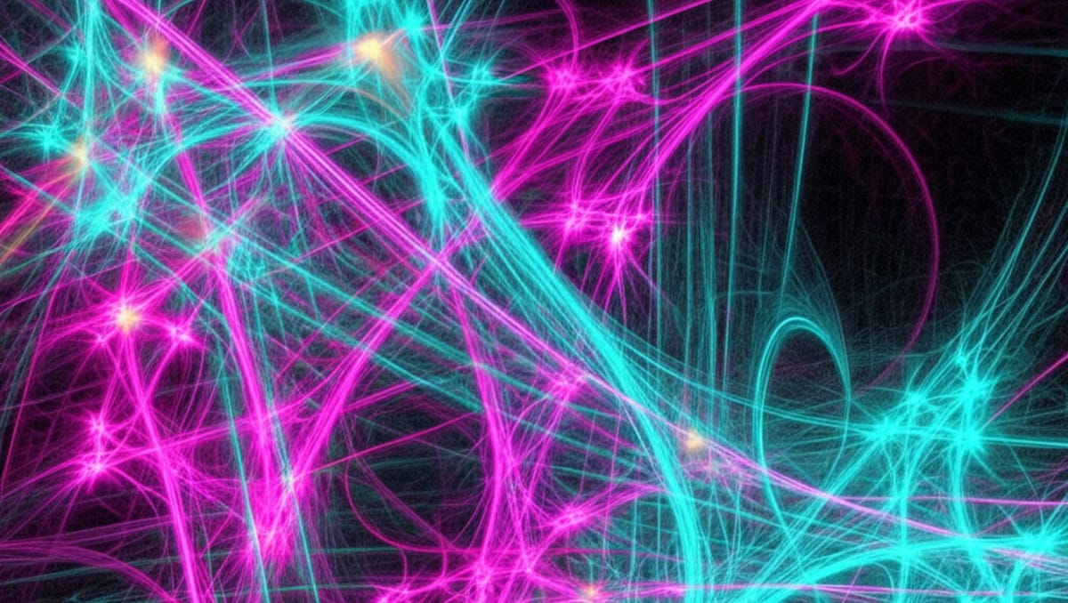 Fractal neural network visualization with prismatic teal-magenta pathways depicting AI-orchestrated political influence operations through strategic social media engagement