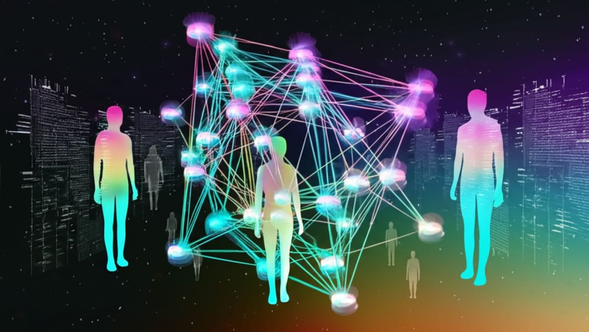 Prismatic neural network with human silhouettes interacting with AI deputies; virtual workers transform businesses while preserving structure