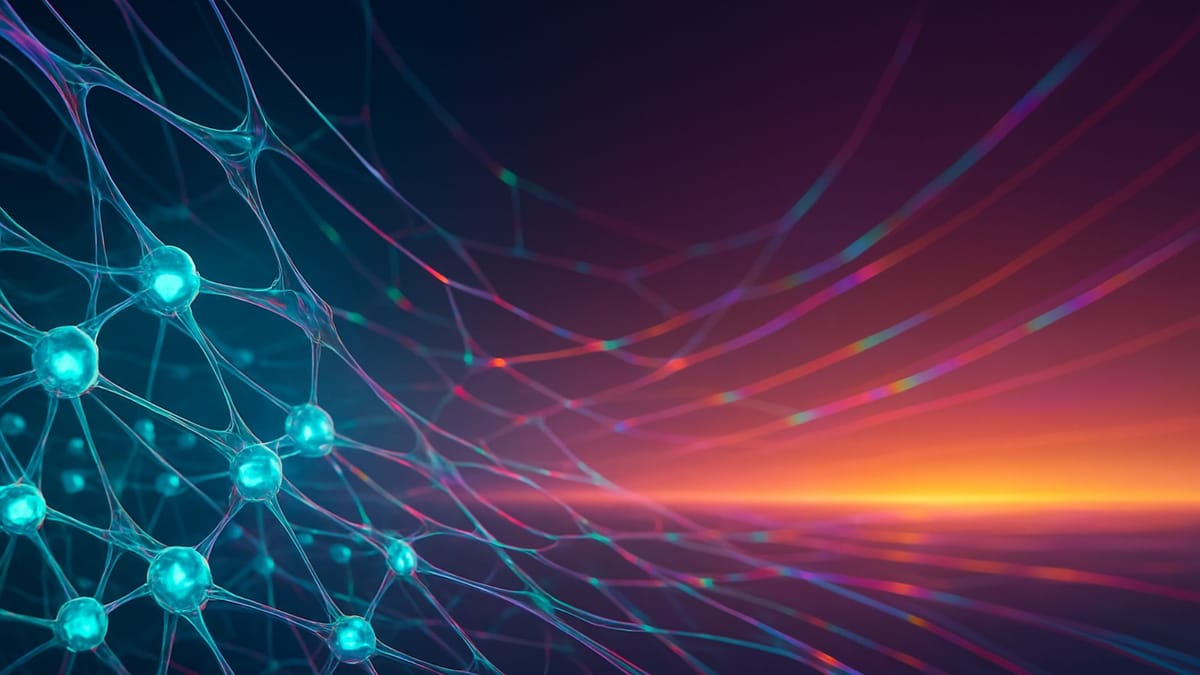 Neural architecture extends toward iridescent horizon with prismatic light, visualizing Suleyman's measured AGI timeline amid technical challenges and capability focus.
