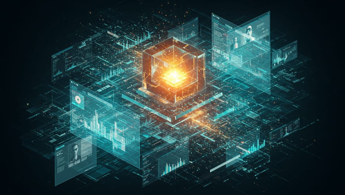 Futuristic browser interface with data streams connecting AI node and web pages; Perplexity Comet browser innovation merges search and intelligence
