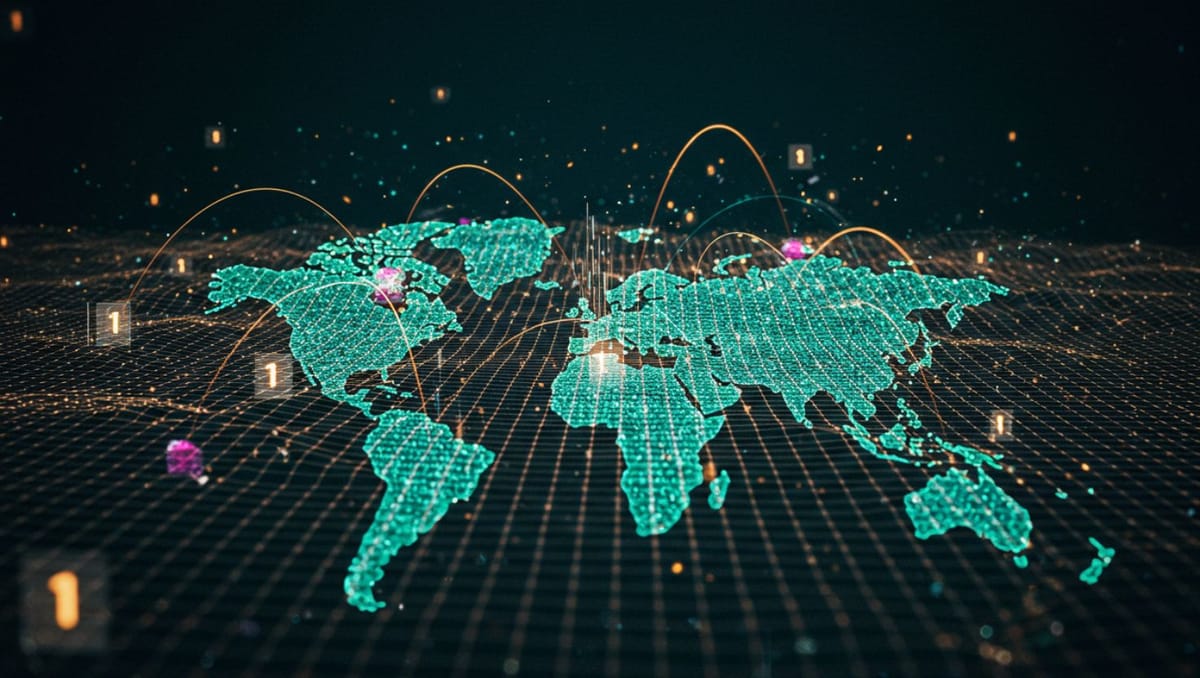 Global AI collaboration network threatened by trade barriers; crystalline data nodes with iridescent connections represent Andrew Ng's warning on U.S. tariffs impact