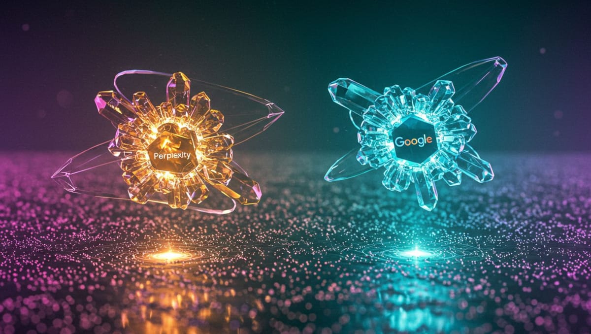 AI search competition visualization: Perplexity vs Google Gemini represented through futuristic data nodes in iridescent teal network with holographic elements