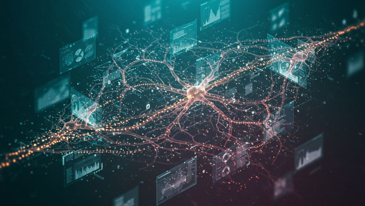 Neural network decision pathways illuminate prismatic environment, visualizing AI orchestration technology as software evolution paradigm shifts