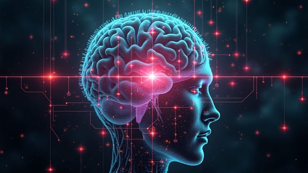 Neural interface visualization of emerging AI psychology field with prismatic connections between human intuition and machine cognition