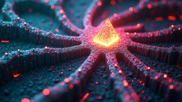 Neural pathways converge in holographic exponential growth pattern; AI scaling laws visualization with superintelligence emergence implications