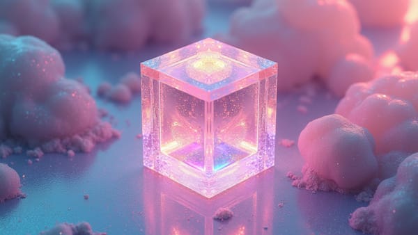 Iridescent crystalline structure suspended in spectral gradient showing Apple's AI adaptation challenges amid technological evolution and competitive pressure