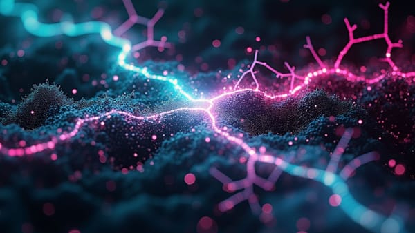 Prismatic neural pathways showing AI voice/text interface divergence with holographic temporal markers | Voice AI psychological impact | Tech interface design