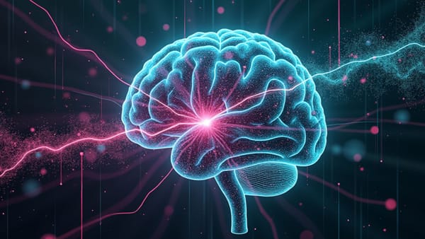 Neural-AI cognition alignment visualization with prismatic data streams connecting brain structures to language model processing pathways