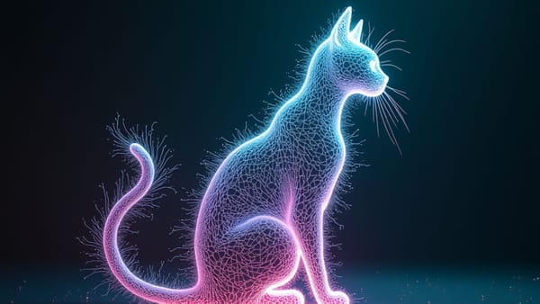 Neural pathway cat silhouette with prismatic data streams illustrates AI's physical world understanding gap | LeCun AI limitations | Moravec paradox