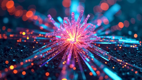 Fractal neural network fragmenting through prismatic light, visualizing AI-generated content threats to information integrity