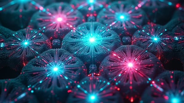 Fractal executive replication network with prismatic teal-magenta gradients depicting AI organizational transformation and infinite scaling capability