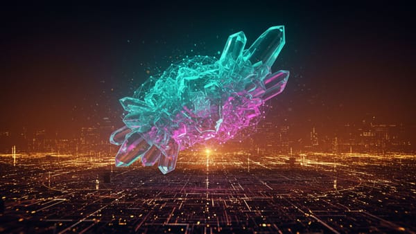 Neural network structure hovers above manufacturing landscape; visualization of U.S.-China tech competition highlighting Ferguson's warning on global innovation balance