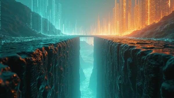 Fractal digital bridge spanning economic chasm: US debt crisis versus future AI productivity gains in prismatic teal and amber visualization