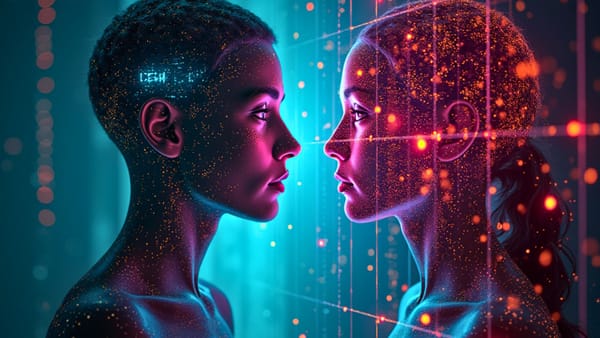 Abstract visualization of human-AI trust vulnerability showing prismatic decision interfaces with warning symbols | Anthropic manipulation study | AI safety research