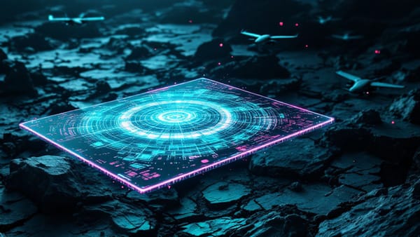 Holographic drone warfare analytics interface with iridescent data visualization over hybrid battlefield terrain | Military technology revolution | Ukraine conflict insights