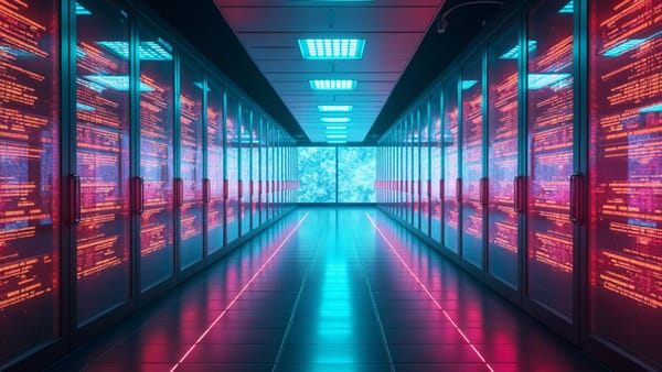 Prismatic data center visualization showing AI's 40% productivity multiplier effect with holographic metrics justifying $2T infrastructure investment