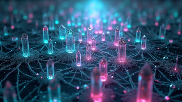 Iridescent neural network visualization of AI economic transformation challenging democratic systems with prismatic data flows and holographic depth