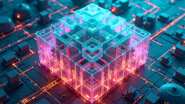Prismatic AI data center hovering above energy grid networks with holographic displays showing power consumption metrics
