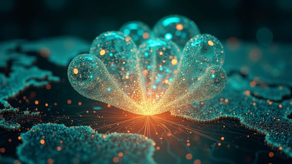Neural network visualization showing AI's 5% global energy footprint with efficiency multipliers, rendered in iridescent cybernetic aesthetic with prismatic lighting 