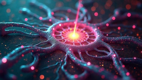 Prismatic neural network visualization representing AI recursive improvement cycles with fractal information pathways converging toward potential technological singularity