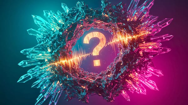 Crystalline teal and magenta fractal formation surrounding glowing amber question mark symbolizing AI revolution's unprecedented business disruption implications