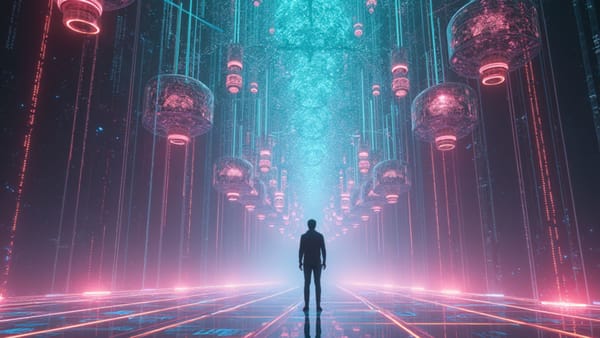 Neural network visualization represents AI consciousness paradox; iridescent fractal architecture illuminated with prismatic light reflects technological sublime and existential questions