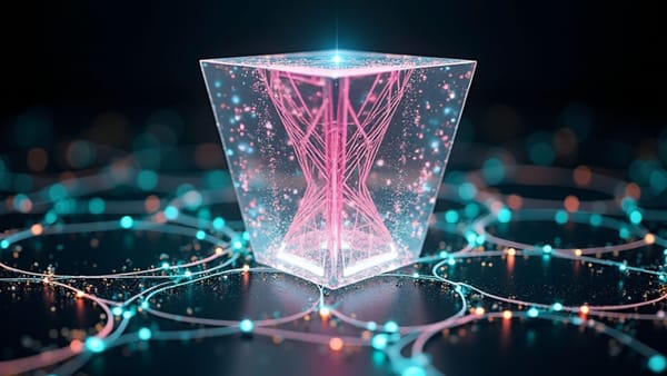Prismatic AI structure bridging digital divide with iridescent pathways connecting natural language inputs to computational power 