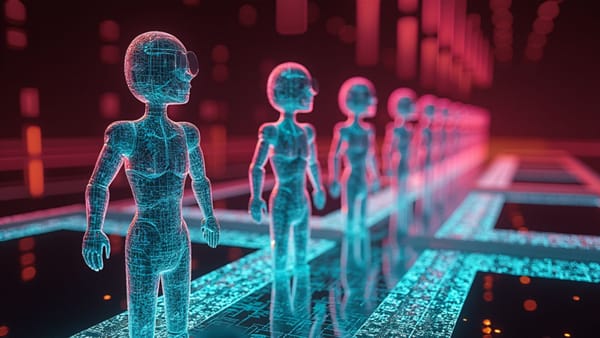 Holographic manufacturing array producing humanoid robots with teal-magenta illumination; visualization of scale economics in robotics production technology