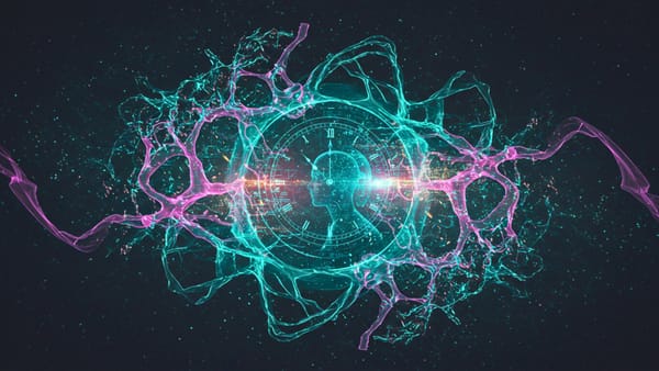 Neural network emitting prismatic light with fractal patterns; Nobel laureate Hinton's AI superintelligence timeline prediction; technological sublime visualization