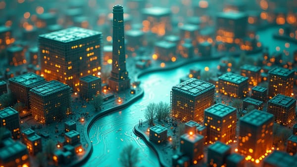 Fractal autonomous manufacturing network visualization with prismatic lighting effects | AI industrial explosion | Oxford philosophers | Technological transformation