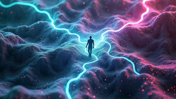 Prismatic neural network with strategic blindspot canyons showing human business intuition advantage over AI capabilities