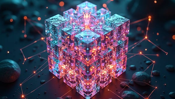 Prismatic data visualization of Bridgewater's AI investment fund with iridescent nodes representing machine learning financial analysis and decision systems.