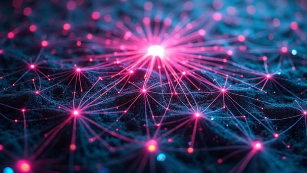 Neural network pathways glow with prismatic light, representing distributed AI innovation in open-source development | Tech collaboration | Global talent
