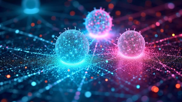 Holographic AI threat model visualization: fractal nodes represent weight exfiltration, unmonitored deployment, and research sabotage in prismatic teal and magenta
