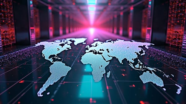 Prismatic data networks connect global AI infrastructure nodes with iridescent technology flows, visualizing China's strategic AI diplomacy in developing nations.