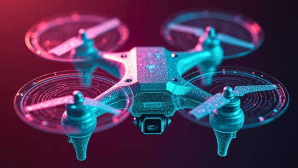 Holographic drone projecting facial recognition matrices with prismatic light diffraction; autonomous targeting systems visualization in neo-futurist aesthetic