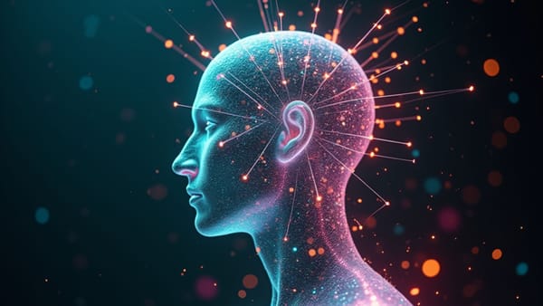 Crystalline neural network conforming to human silhouette with iridescent connections—intimate AI concept visualizing personalized protection in digital space